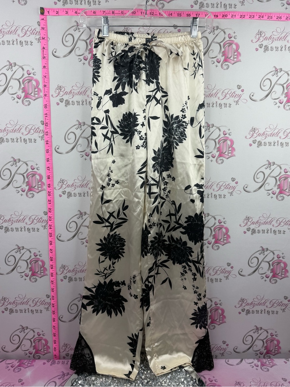 Pants shiny wide leg pants Women’s Cream Wide-Leg Floral Print Satin lace